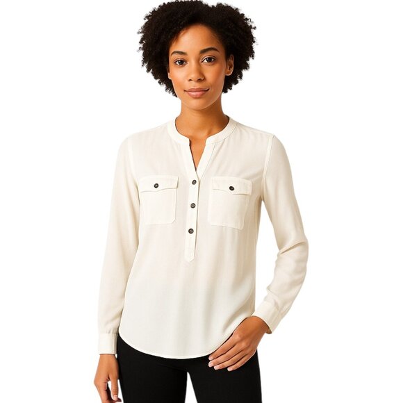 LOFT Small Off-White Henley Utility  Semi Sheer Blouse Button Front Long Sleeves - Picture 1 of 12